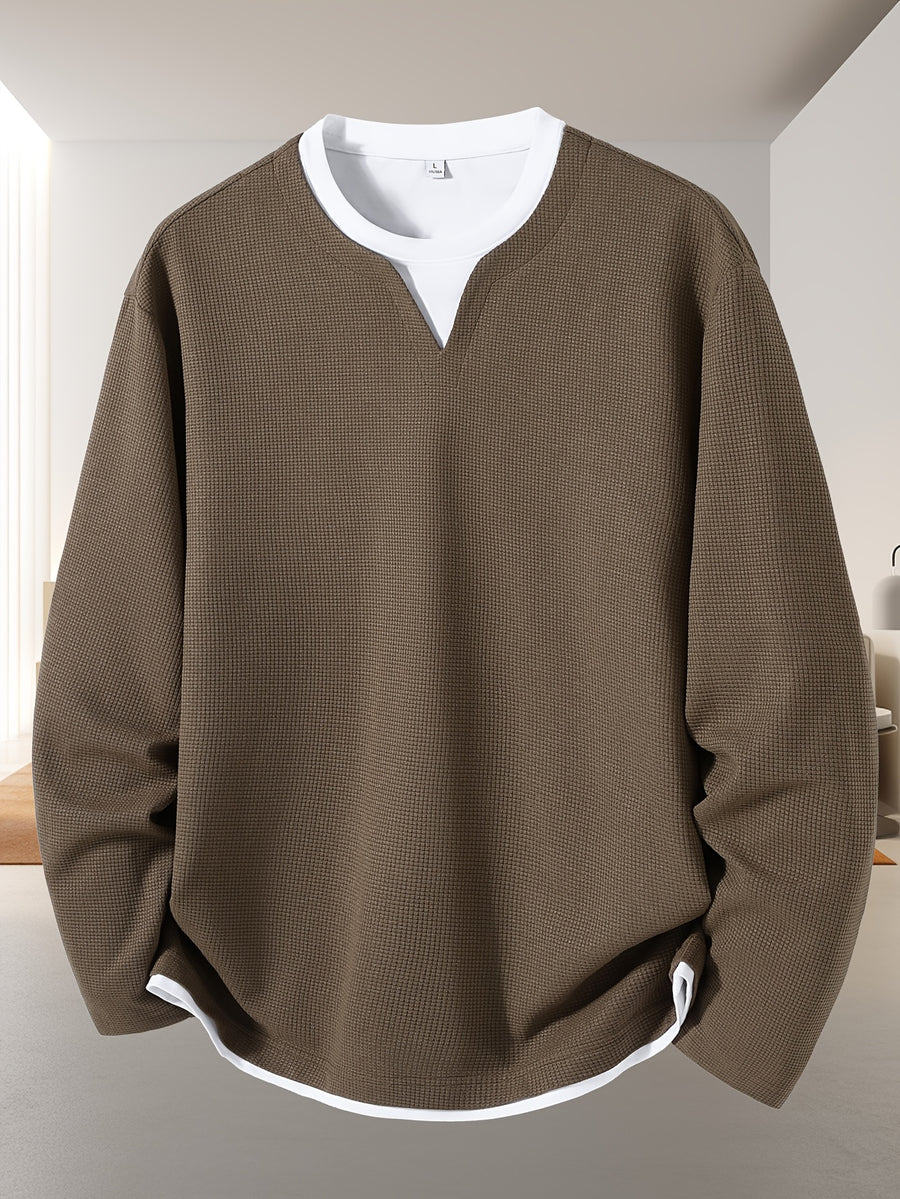 Men'S Long-Sleeve Base Layer Shirt for Spring And Autumn, New Style Faux Two-Piece T-Shirt, Solid Color Waffle Texture Pullover, Fashionable Casual Inner Layer Top with a Stylish Design - Coffee Brown