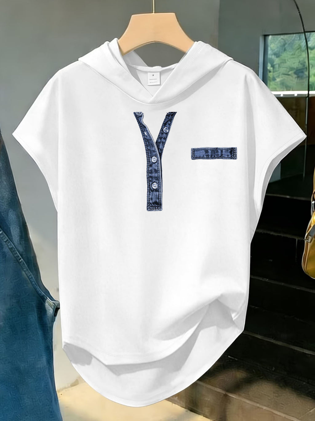 [Printed Pants - Not Faux Denim Fabric]Faux Denim Collar Print Sports Casual Style Women'S Clothing, Hooded Loose Design, Soft Comfortable Top, Elegant Fashion T-Shirt with Hooded Short Sleeves, Wearable in Spring Summer Autumn Winter - White