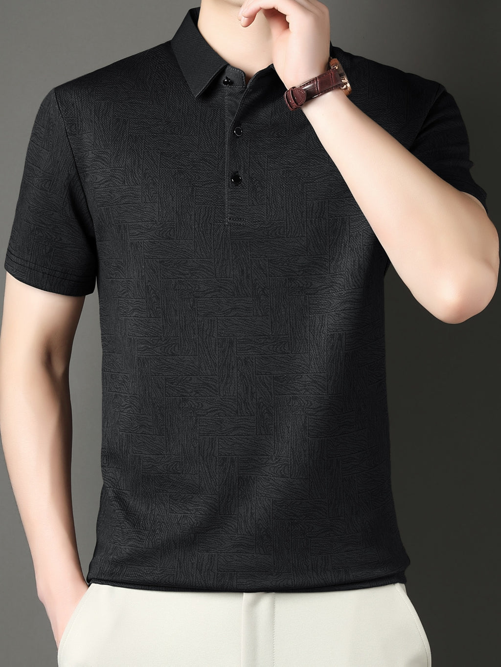 New Summer Men's Geometric Mahjong Tile Short-Sleeve Shirt, Men's Business Casual Fashion Lapel Pullover Executive Top - Black