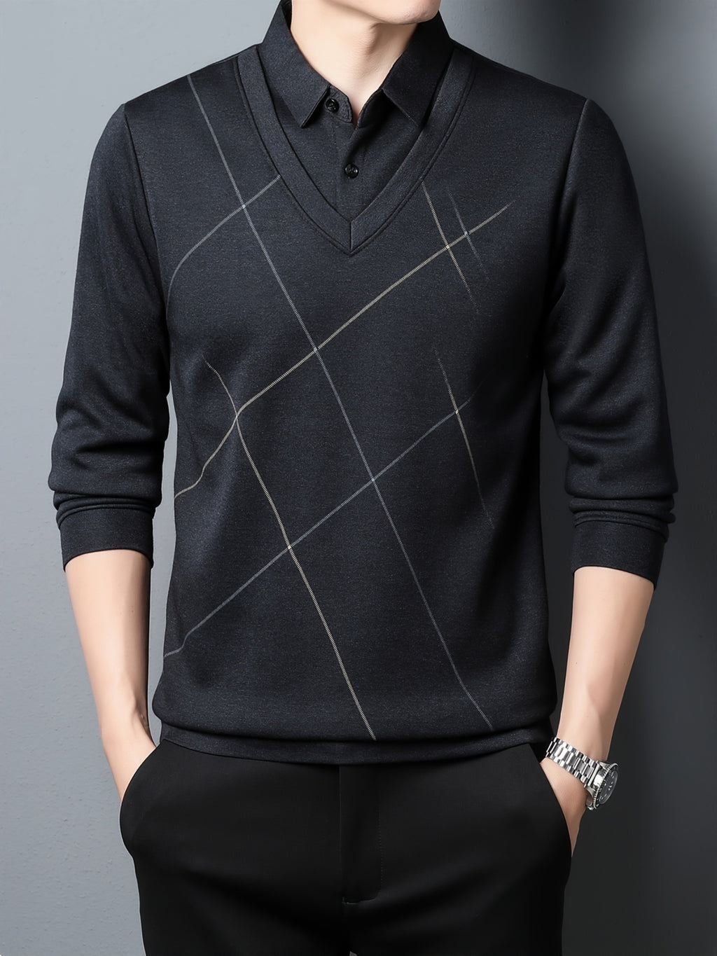 Fake Two-Piece Men'S Top Autumn Winter Base Layer Checkered Shirt Collar Men'S Business Casual Versatile Inner Top - Grey