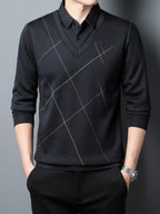 Fake Two-Piece Men'S Top Autumn Winter Base Layer Checkered Shirt Collar Men'S Business Casual Versatile Inner Top - Grey