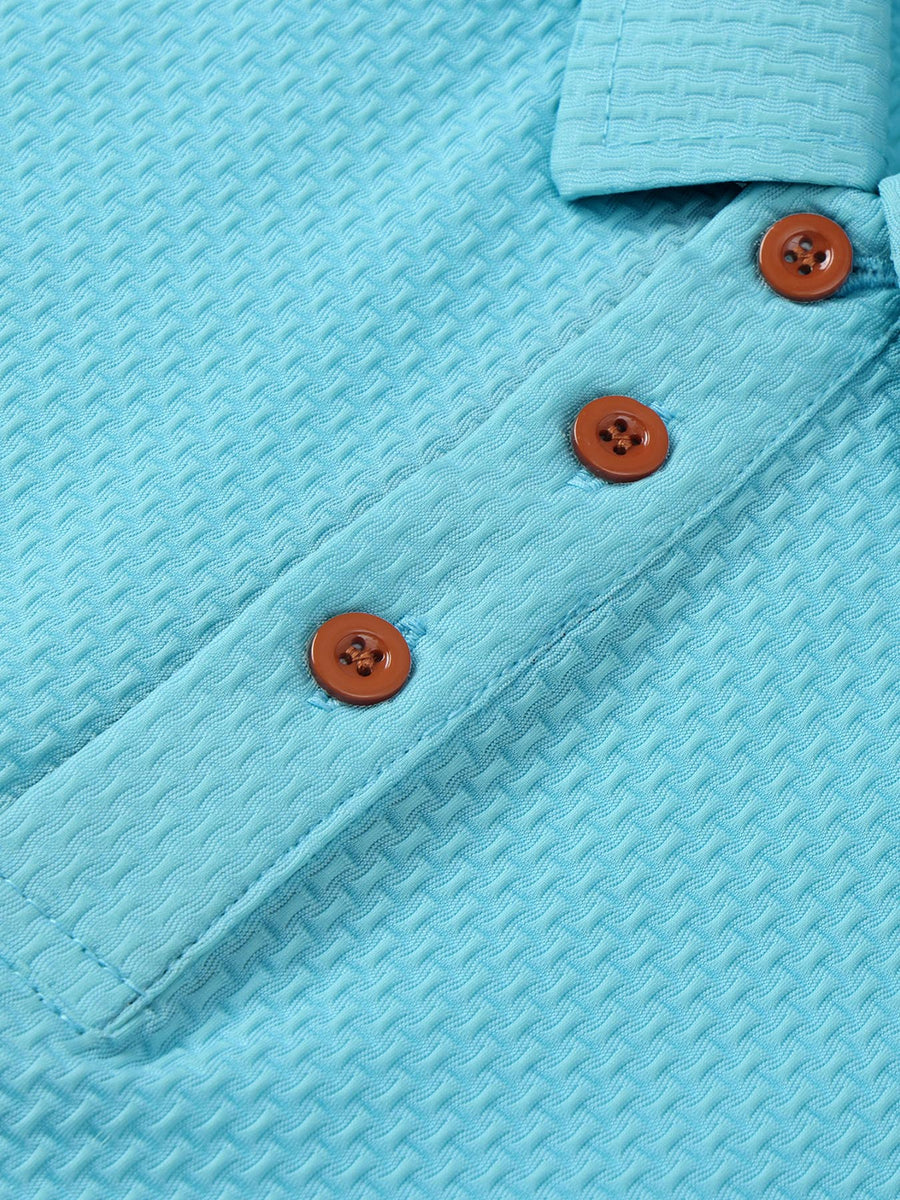 Men'S Mature Lapel 3pcs Short Sleeve Polo Shirt Set, Horizontal Three Stars ITA Pattern Short Length Caramel Brown 3-Button Placket, 3-Color Waffle Knit Fabric, Urban Daily Wear Durable Stretch Casual Top - Sky Blue
