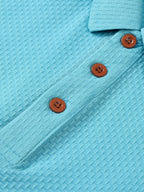Men'S Mature Lapel 3pcs Short Sleeve Polo Shirt Set, Horizontal Three Stars ITA Pattern Short Length Caramel Brown 3-Button Placket, 3-Color Waffle Knit Fabric, Urban Daily Wear Durable Stretch Casual Top - Sky Blue