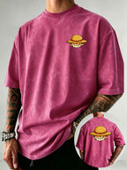 Straw Hat Cartoon Boy Portrait Print Men's Vintage Washed Loose Fit Pure Cotton Short Sleeve T-Shirt - Bright Pink Color