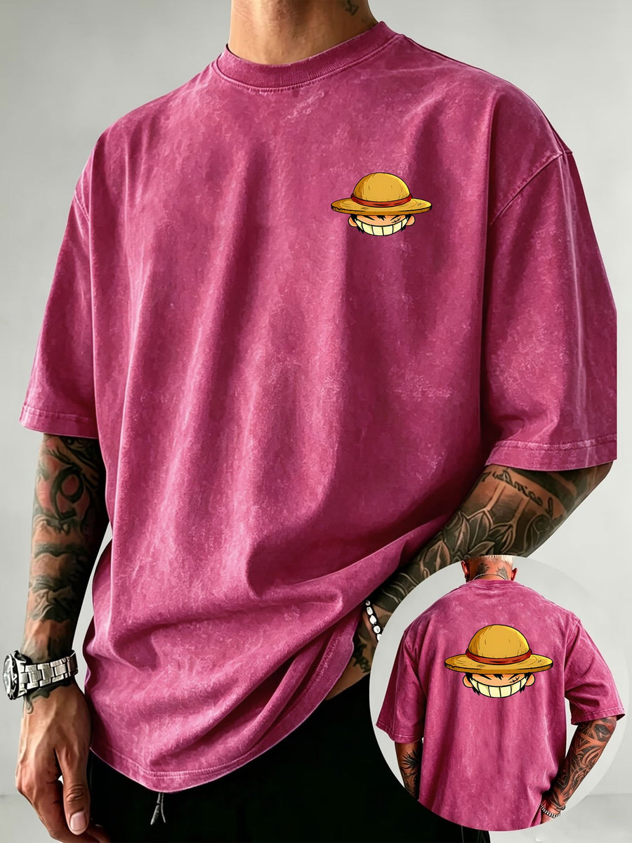 Straw Hat Cartoon Boy Portrait Print Men's Vintage Washed Loose Fit Pure Cotton Short Sleeve T-Shirt - Bright Pink Color