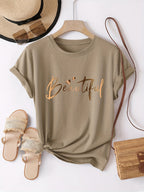 Spring Summer Easy Round Neck Fashion Loose Versatile Casual Short Sleeve T-Shirt Heart Letter Women'S Top Pattern - Khaki