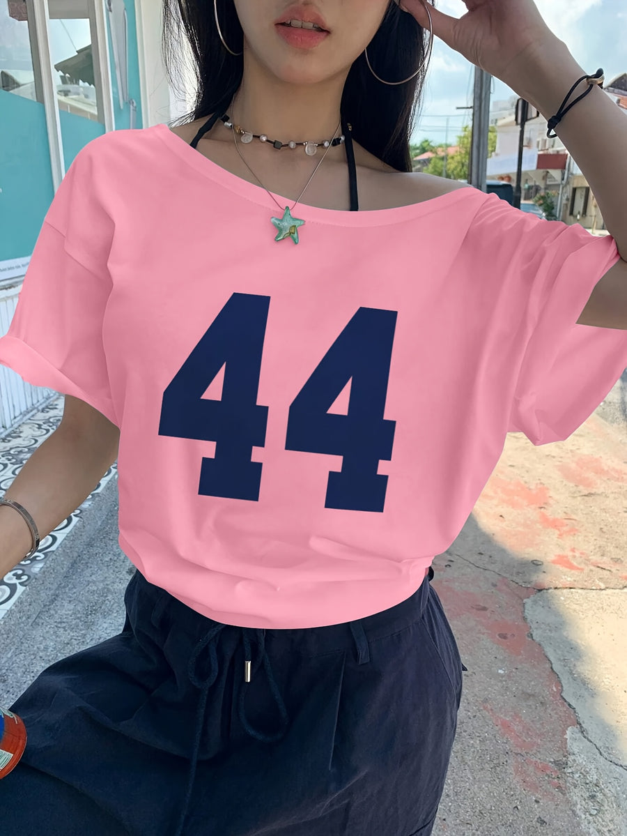 Women'S Casual Off-Shoulder Short Sleeve Number Print Pattern T-Shirt, Slouchy Casual Short Sleeve, Regular Loose Summer Short Sleeve Top - Pink
