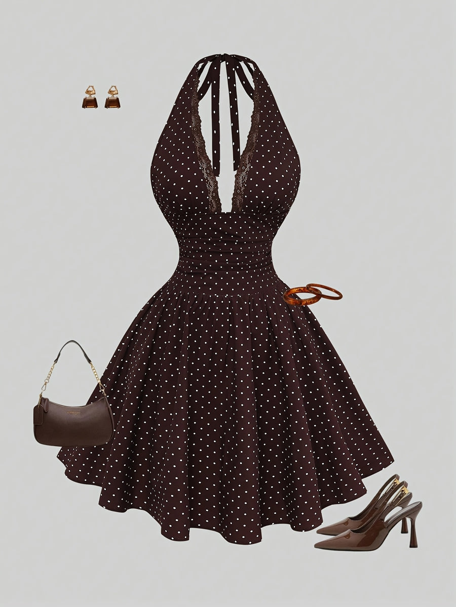 Women'S Summer New French Elegant Fashion Ruffled Scalloped Patchwork Polka Dot Printed Back Tie Waist A-Line Necktie Dress - Mixed colors