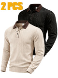 2pcs Men's Fashion Long-Sleeve Polo Shirt | High-End Contrast Color Lapel Jacquard Design T-Shirt | Essential Golf Polo Outfit | Breathable, Warm, Skin-Friendly, and Comfortable | for Indoor Gatherings and Outdoor Sports | Wardrobe Essential Casual - Apricot+Black