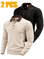 2pcs Men's Fashion Long-Sleeve Polo Shirt | High-End Contrast Color Lapel Jacquard Design T-Shirt | Essential Golf Polo Outfit | Breathable, Warm, Skin-Friendly, and Comfortable | for Indoor Gatherings and Outdoor Sports | Wardrobe Essential Casual - Apricot+Black