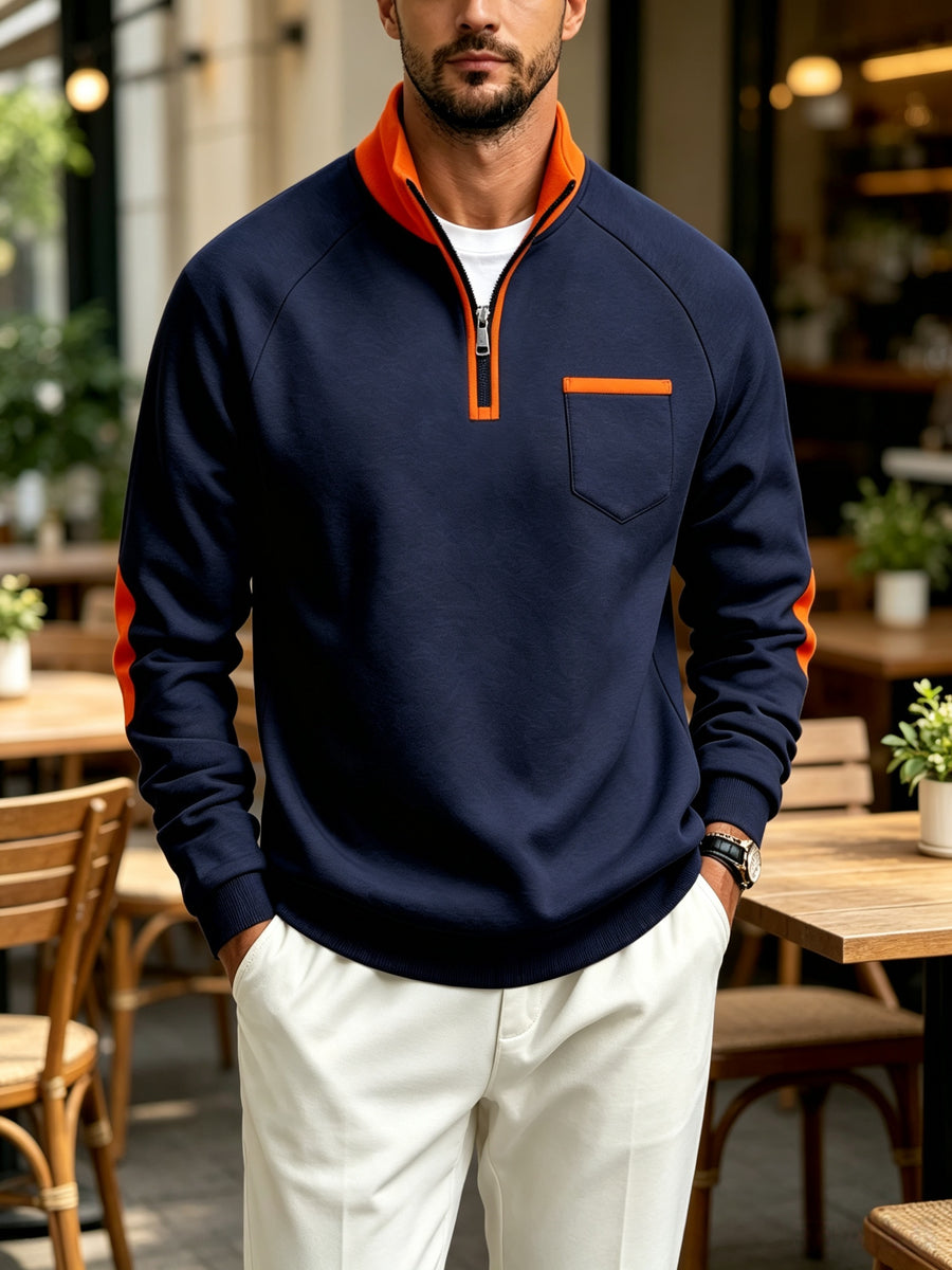 Men's Quarter Zip Stand Collar Sweatshirt, Heavyweight Color Block Pullover with Elbow Patches, Raglan Long Sleeve Tops with Chest Pocket, Lined Loose Casual Commute Outerwear, Autumn Winter Versatile Plus Size Men Clothing Multiple Colors& S - Navy Blue