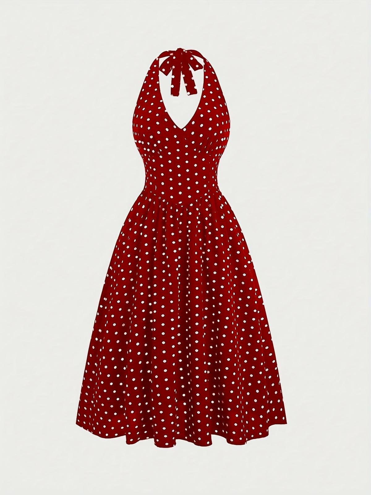 New Stylish Elegant Women'S Polka Dot Print Halter Neck Temperament Slim Dress - Red