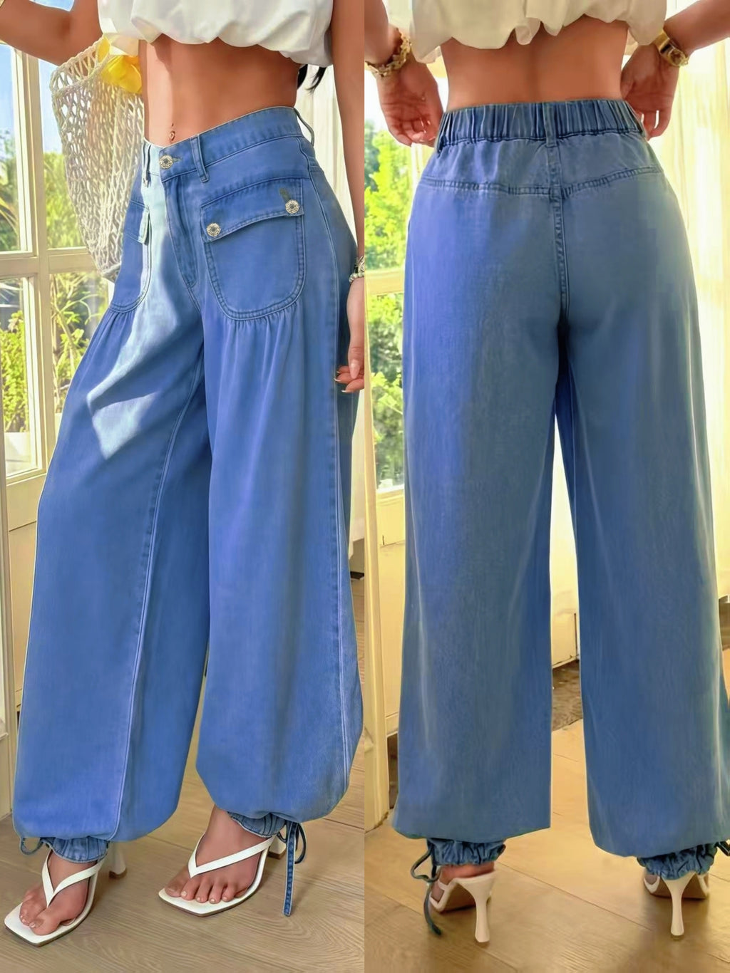 American Vintage High-Waist Washed Jogger Jeans, High-Waist Multi-Pocket Loose Fit Casual Cargo Pants for Spring/Summer, Draped Fabric for a and Versatile Look, Elastic Waistband and Cuffs at the Back and Hem, Suitable for Various Body Types - Light Blue