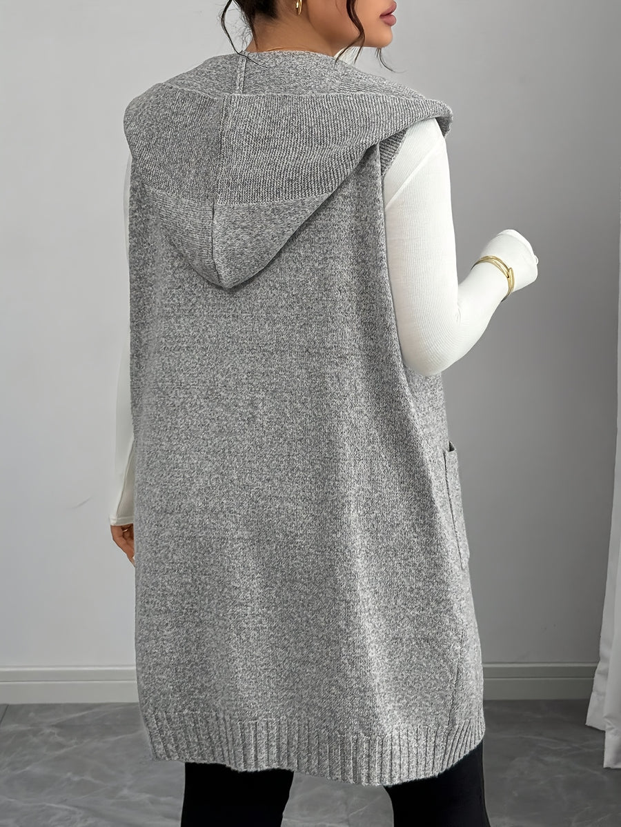 A Stylish And Casual Sleeveless Cardigan with a Hood, Featuring a Easy Solid Color Design, Double Pockets, And a Relaxed Fit, Perfect for Everyday Commuting And Gatherings During Spring And Autumn - Grey
