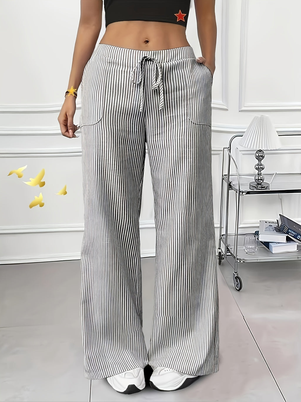 Striped High-Waist Wide Leg Pants | Loose Fit, Elastic Waist, Summer Commute Long Trousers, and Flattering - Grey