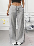 Striped High-Waist Wide Leg Pants | Loose Fit, Elastic Waist, Summer Commute Long Trousers, and Flattering - Grey