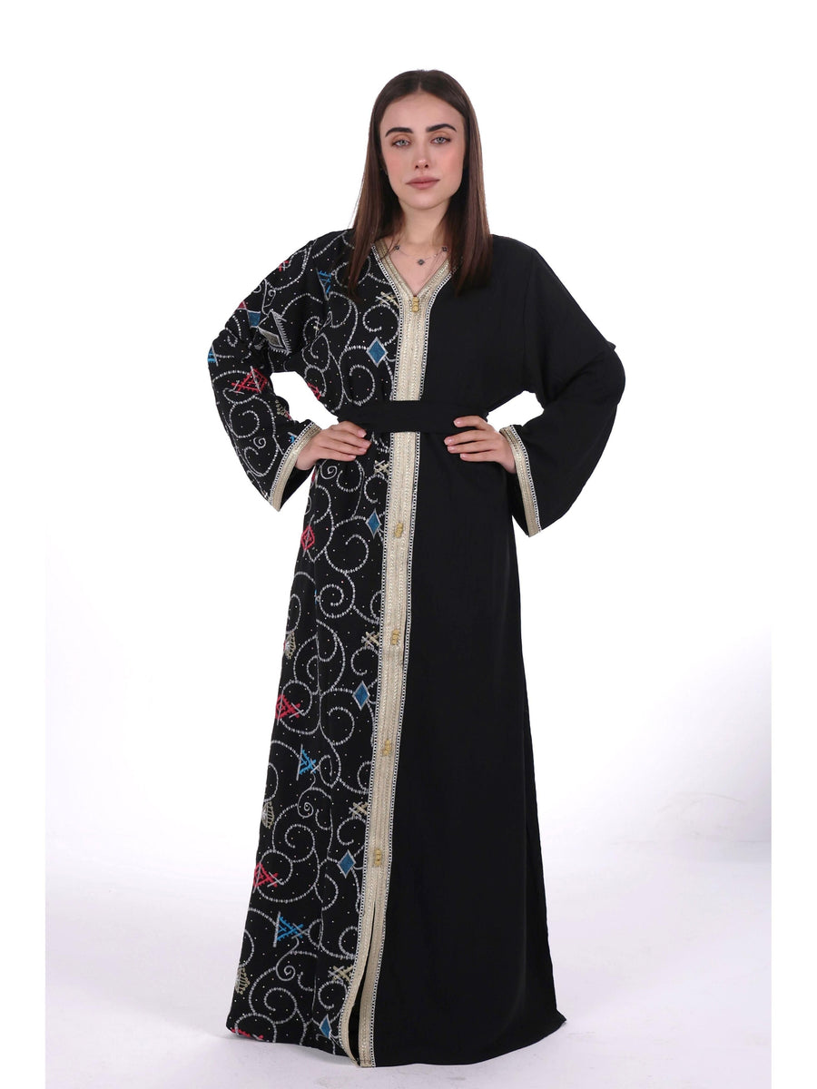 Middle East Women's New Traditional Style Dress Kaftan Robe Jalabiya Festival Evening Gown Abayas Suitable for Holiday Party Wear Women's Evening Dress, Casual Dress with belt - Black