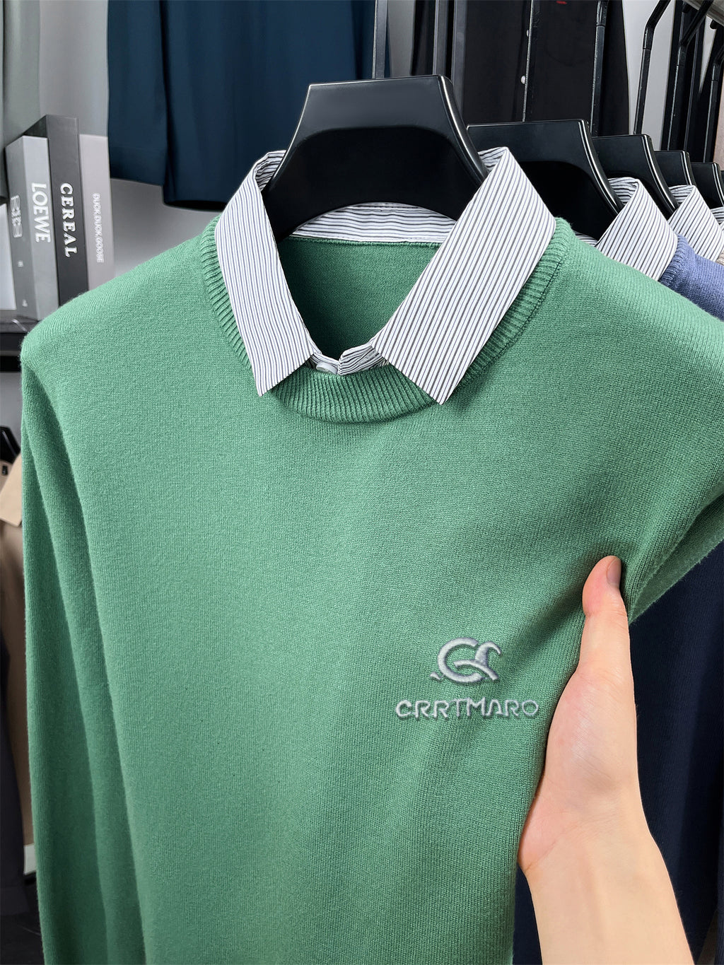 ZBZP Autumn Winter Knit 3D Solid Color Lapel POLO Sweater, Basic Knit Pullover Top for Men, Fashionable Long Sleeve Sweater ZYFSBSS - Green
