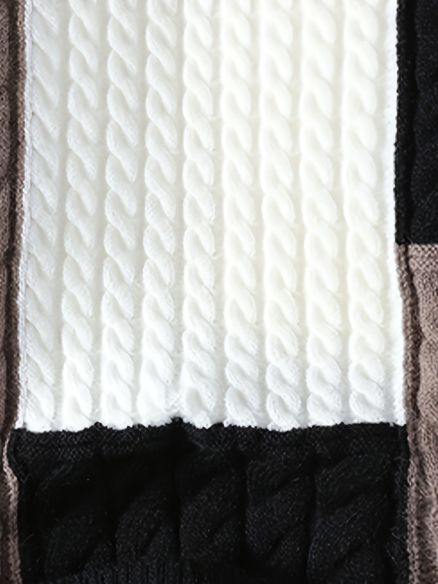 Men'S Fashion Trend Semi High Neck Knitted Sweater Autumn And Winter New Item Color Blocking Splicing Warm Pullover Top - Black