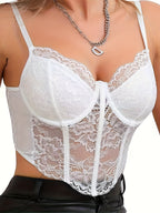 2024 New Product European and American Foreign Trade Sexy Lace Steel Rim Diamond Fish Bone Exposed Navel Perspective Hot Decoration Body Small Vest Female - White