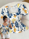 Women'S Elegant Summer Blue Yellow Floral Digital Print Square Neck Short Sleeve Fitted Blouse - Mixed colors