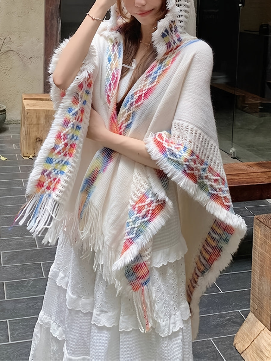 Women's Hooded Shawl, Hollow-Out Fringe Cape Coat, Ethnic Style Color Block Hooded Travel Shawl, Loose Fit Cape, Unique Design Niche Hooded Fringe Shawl, Outerwear Ethnic Style Cape Coat with Hood, Hollow-Out Fringe Shawl for Women - White