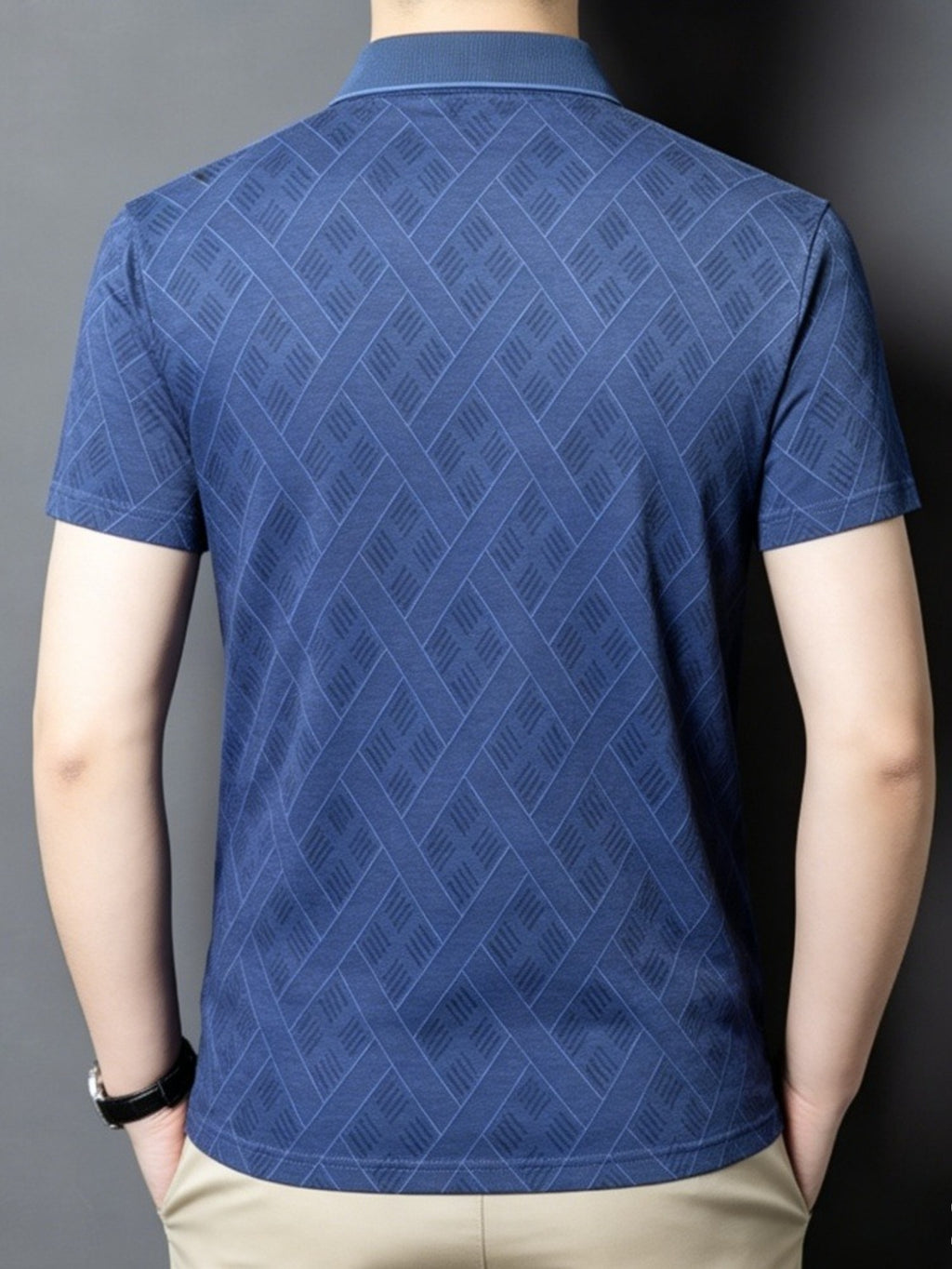 Men'S Washed Distressed Denim Style Polo Shirt, Blend Jacquard Breathable Short Sleeve Middle-Aged Dad Wear - Navy Color