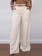 Women'S Trousers, Solid Color High Waist Wide Leg Casual Elegant Trousers (No Belt) + [Ta Lan] - Milky