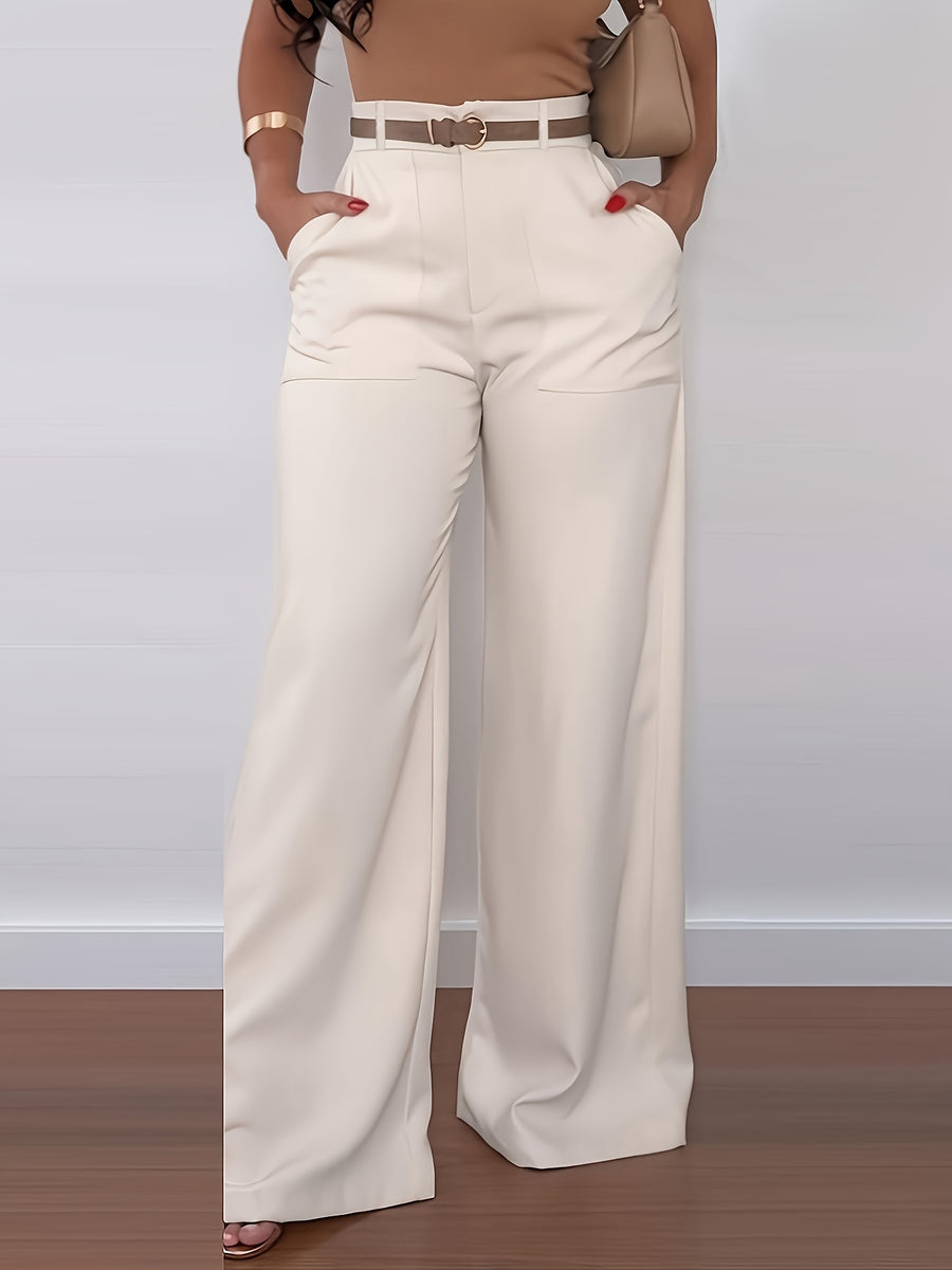 Women'S Trousers, Solid Color High Waist Wide Leg Casual Elegant Trousers (No Belt) + [Ta Lan] - Milky
