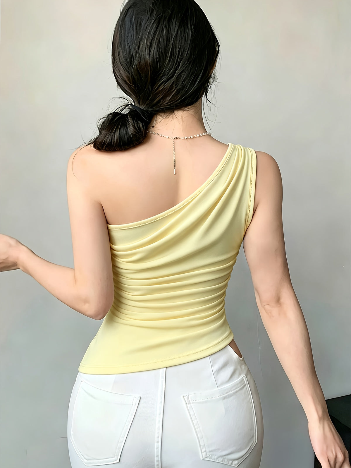 YY260317030 Women'S Asymmetrical Hem Pleated Waist Casual Top - 【Light Yellow】