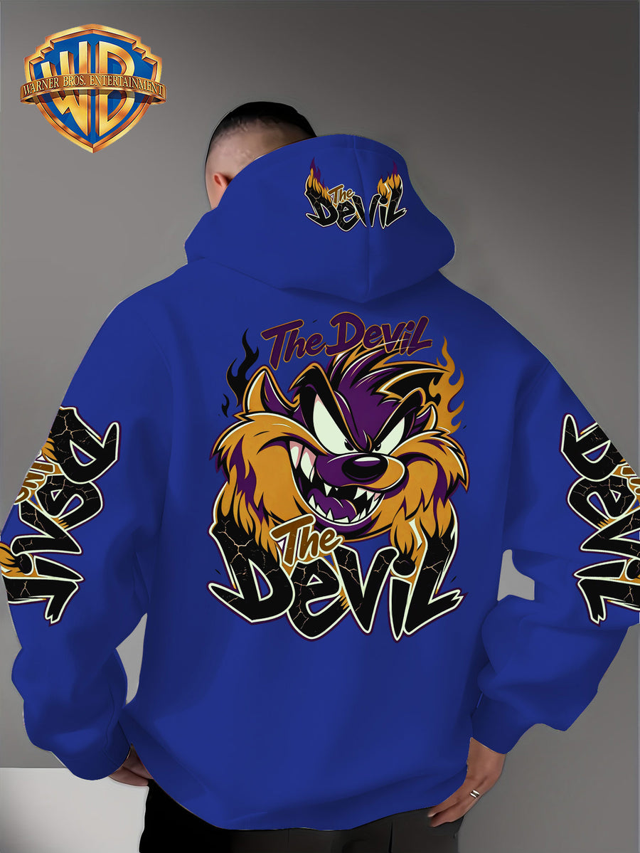 Le Yitong Big Mouth Monster The Devil Flame Print Hooded Sweatshirt, with Sleeve Print Design, Kangaroo Pouch And Drawstring Hood, Suitable for Autumn/Winter Casual Wear And Outdoor Activities - Blue