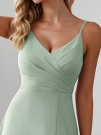 Women'S Sexy Side-Slit V-Neck Spaghetti Strap Chiffon A-Line Bridesmaid Dress - Light Green