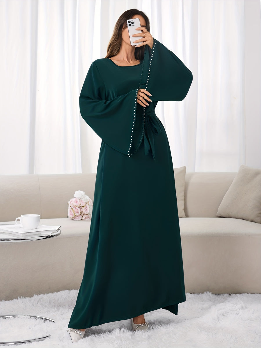 1pc Slim-fit Stretch Abaya Sleeve Front Zipper A-line AbayaElegant Flowing Muslim Robe Convenient Daily Islamic Women's WearStretch Sleeve Front Zipper AbayaSuitable for Daily Commuting, Gatherings with Family Friends, and Islamic Festive Occasions - Dark Green