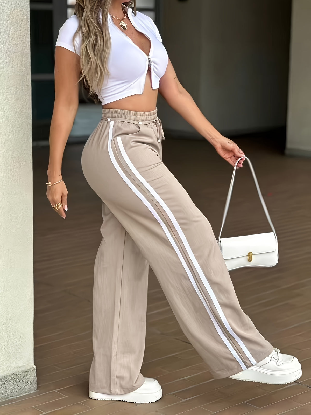 Women's Elastic High-Waist Drawstring Side Seam Drawstring Accent Casual Pants - Apricot