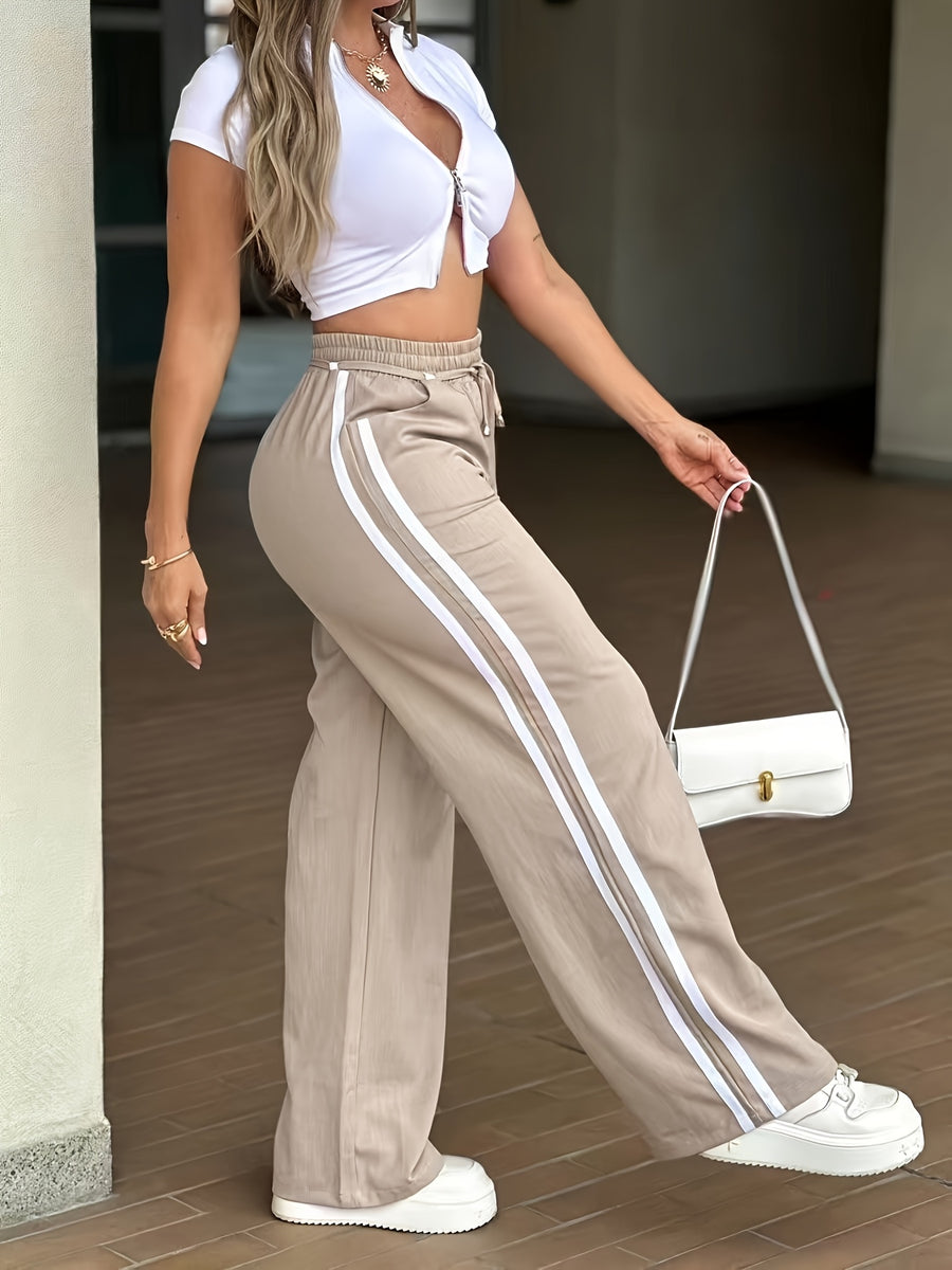 Women's Elastic High-Waist Drawstring Side Seam Drawstring Accent Casual Pants - Apricot