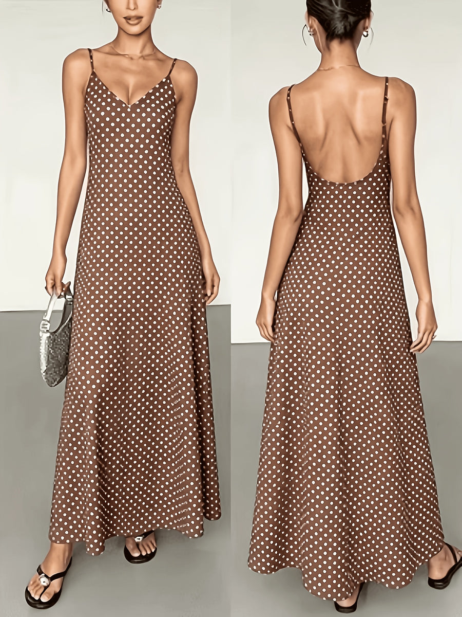 Women'S Polka Dot Print Cami Backless Temperament French Dress, Women'S Summer Long Slim Waist-Cinching High-End Design Printed Skirt, Travel Vacation Long Dress - Mixed colors