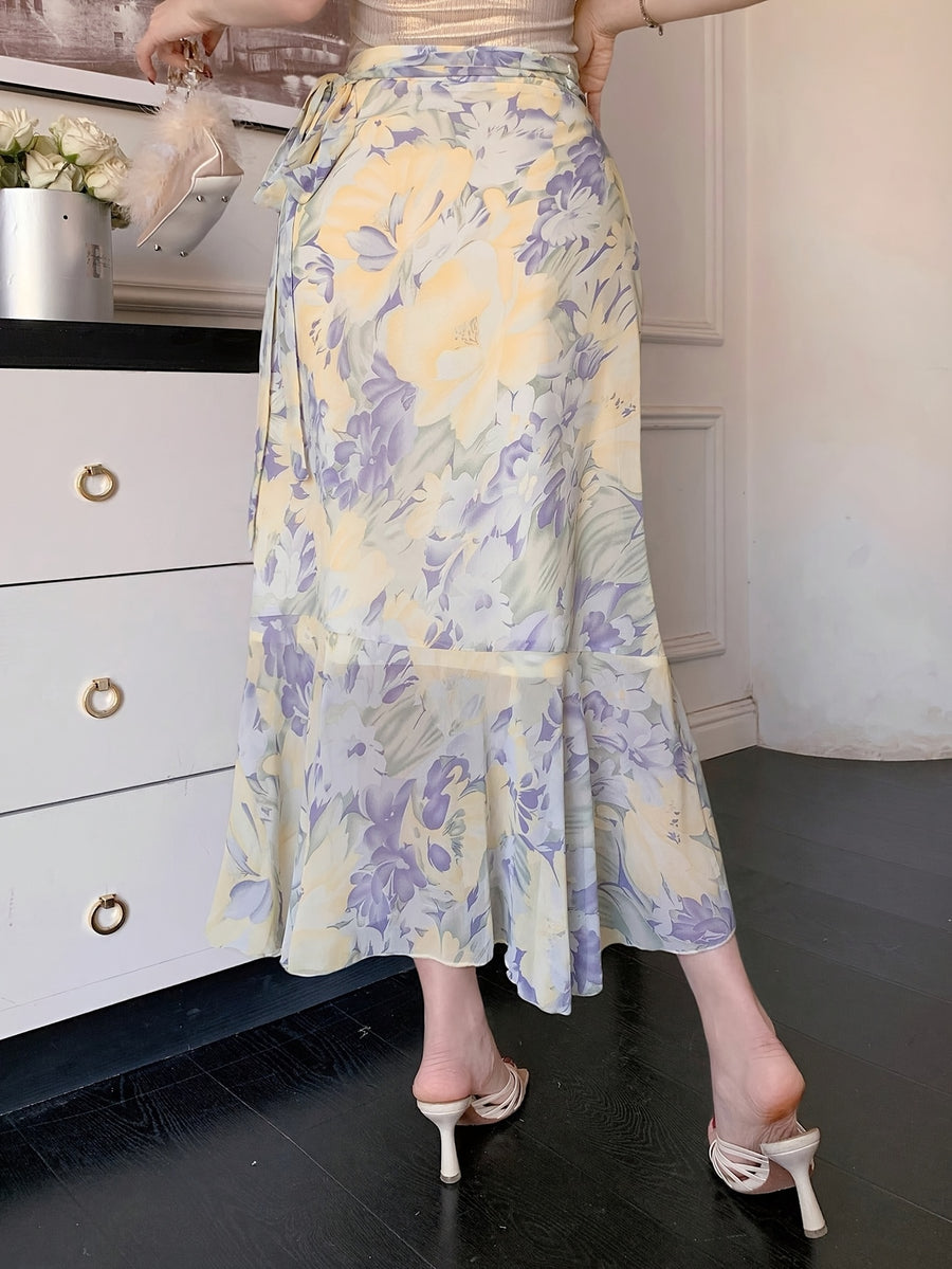 Women'S Elegant Snowflake Print Chiffon Ruffle Hem A-Line Dress, Summer, Back to Season Outfit - Light Purple