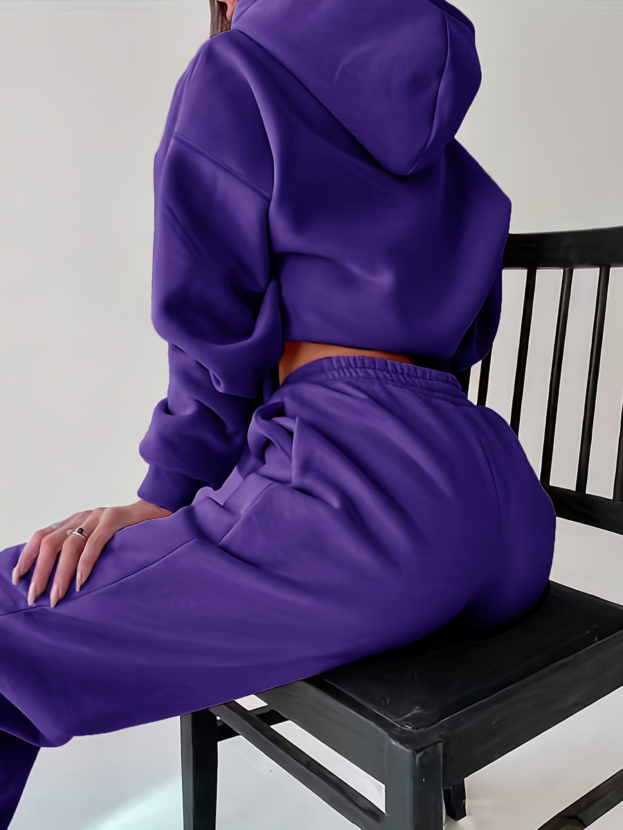 Women's Autumn/Winter New Hooded Sweatshirt Solid Color Set - Deep Purple