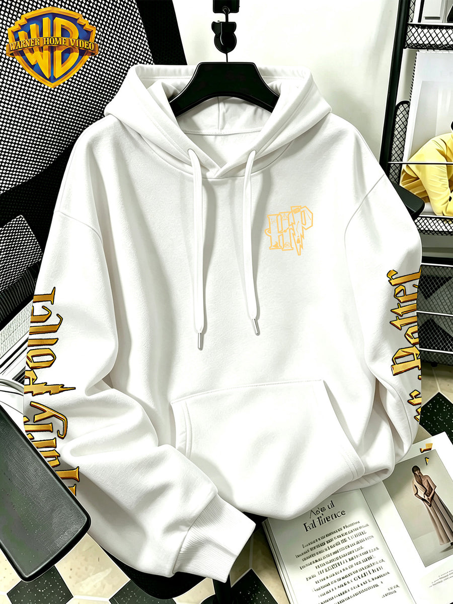 Warner Bros Official Q-Version Four-Panel Magic Boy Group Print Hoodie - Men's Fashion Hoodie with Adjustable Drawstring, Loose and Comfortable Sweatshirt, Suitable for Daily and Outdoor Sports Wear, the Perfect Choice for Warmth in Autumn - White