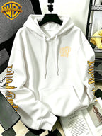 Warner Bros Official Q-Version Four-Panel Magic Boy Group Print Hoodie - Men's Fashion Hoodie with Adjustable Drawstring, Loose and Comfortable Sweatshirt, Suitable for Daily and Outdoor Sports Wear, the Perfect Choice for Warmth in Autumn - White