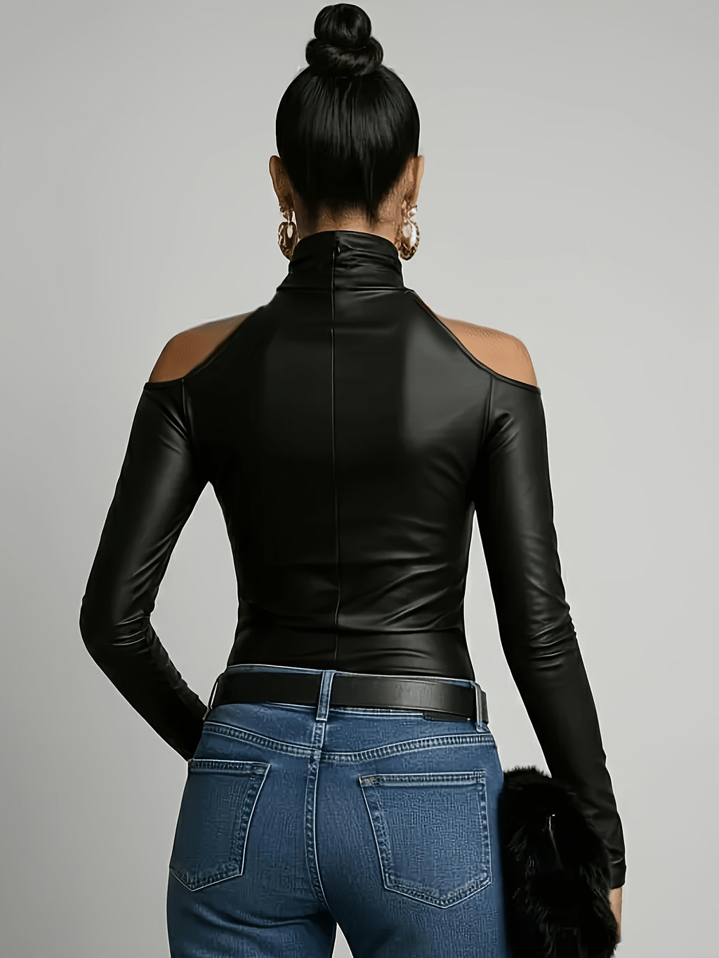 Women's Sexy Slim-Fit Black High-Neck Off-Shoulder Long-Sleeve Faux Top - Black