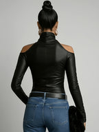 Women's Sexy Slim-Fit Black High-Neck Off-Shoulder Long-Sleeve Faux Top - Black