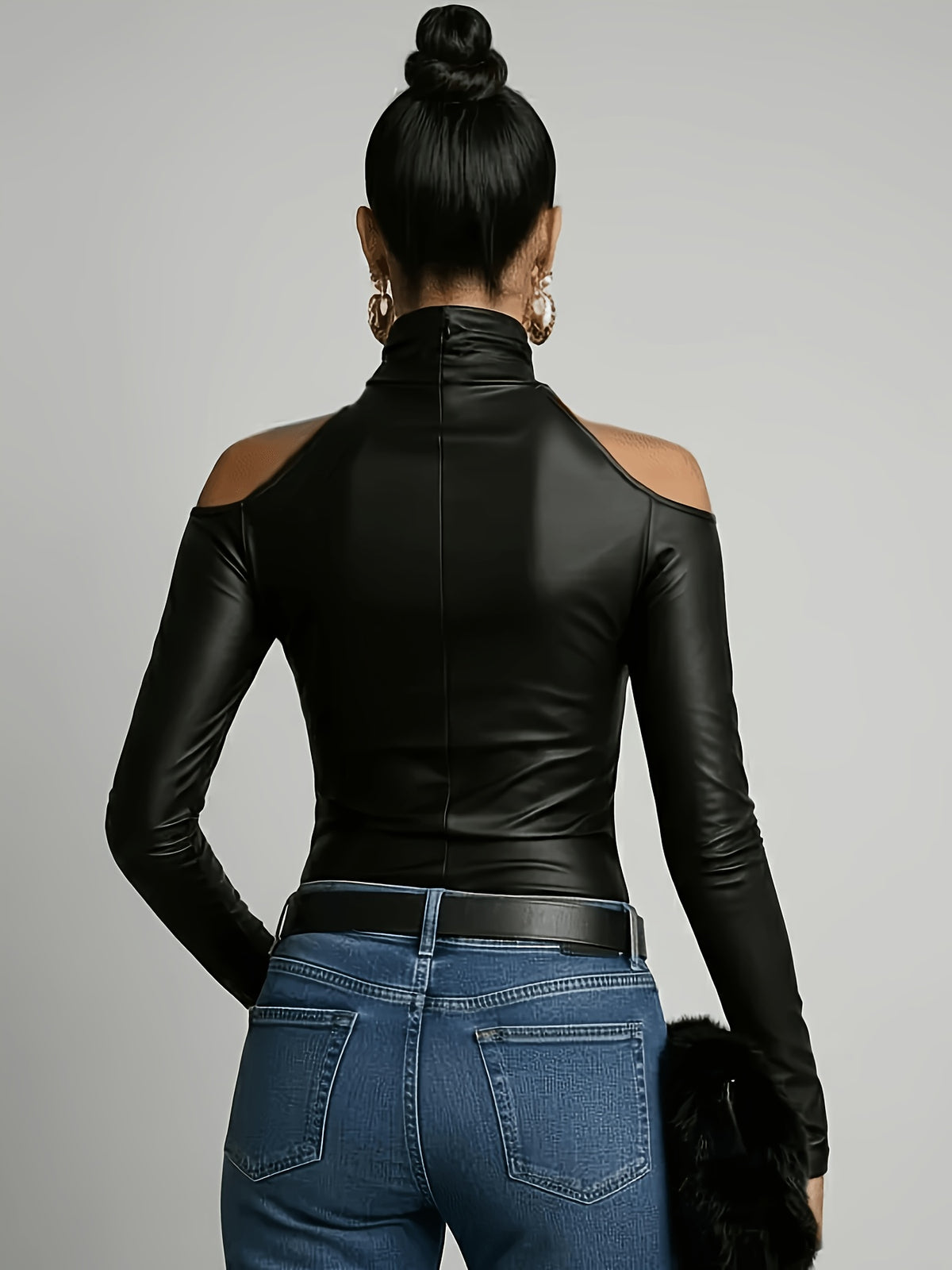 Women's Sexy Slim-Fit Black High-Neck Off-Shoulder Long-Sleeve Faux Top - Black