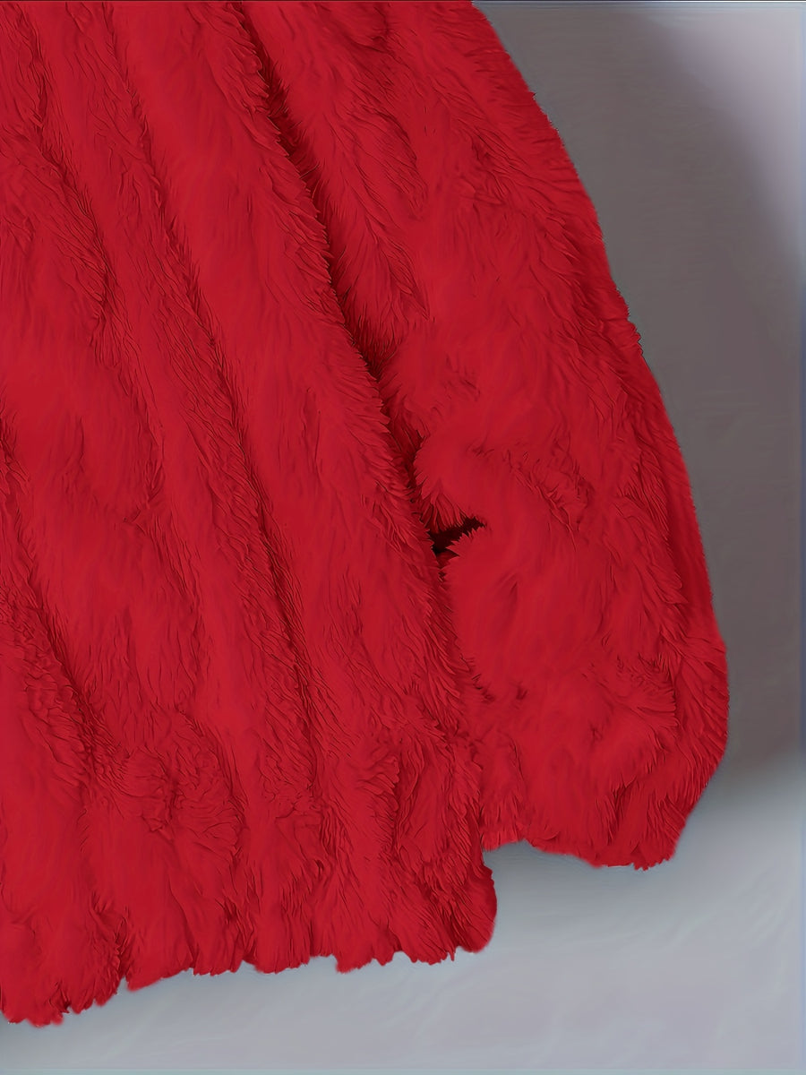 Plus Size - Autumn Winter Warm Thick Fleece Hooded Sweatshirt, Loose Casual Jacket, Coral Fleece Material, Plus Size Women'S Jacket/Winter Coat, Plus Size Women'S Outerwear, Elegant Women'S Shawl - Red