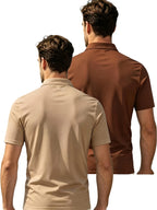 2pcs Men'S Short Sleeve Casual Athletic Polo Shirt Set, Zipper Collar, Comfortable And Breathable, Original Design - Khaki Plus Coffee