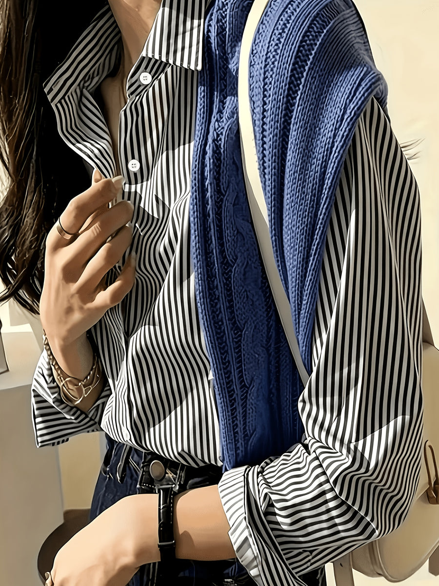 Women's Four-Season Striped Commuter Elegant Shirt - Black