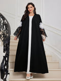 Women's Arab Muslim Elegant Solid Color Sequin Lace Splicing Open Front Abaya - Black