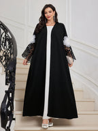 Women's Arab Muslim Elegant Solid Color Sequin Lace Splicing Open Front Abaya - Black