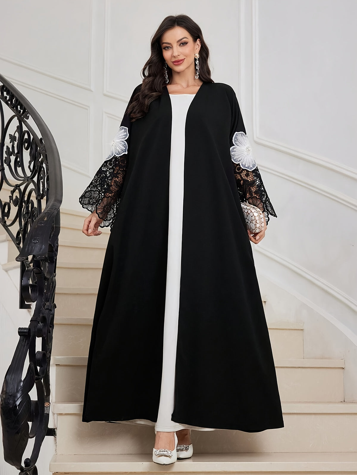 Women's Arab Muslim Elegant Solid Color Sequin Lace Splicing Open Front Abaya - Black
