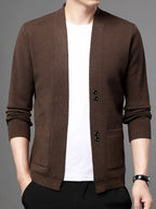 Du Jing Lan OBM Spring/Summer New Arrival Men's Knitted Cardigan, Old Money Style Solid Color V-Neck Long Sleeve Open Front Knit Cardigan, Men's Business Casual Fashion Single-Breasted Ribbed Sweater Jacket with Side Pockets, Suitable for Layering - Coffee Color